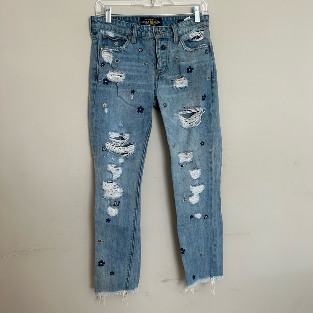 Lucky Brand Sienna Slim Boyfriend Jean Floral Embroidery Destroyed Size 00 / 24”